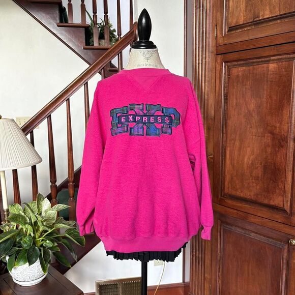 Express Hot Pink Plaid Logo Vintage Oversized Crewneck Sweatshirt - Picture 5 of 7